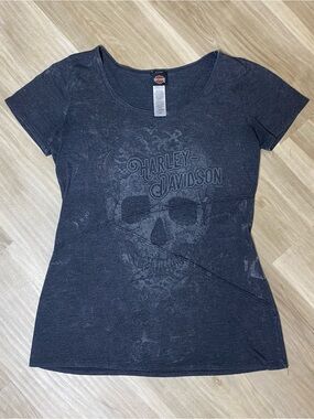 Harley-Davidson Womens Shirt Large Charcoal Grey Skull Graphic Top Mike's Famous